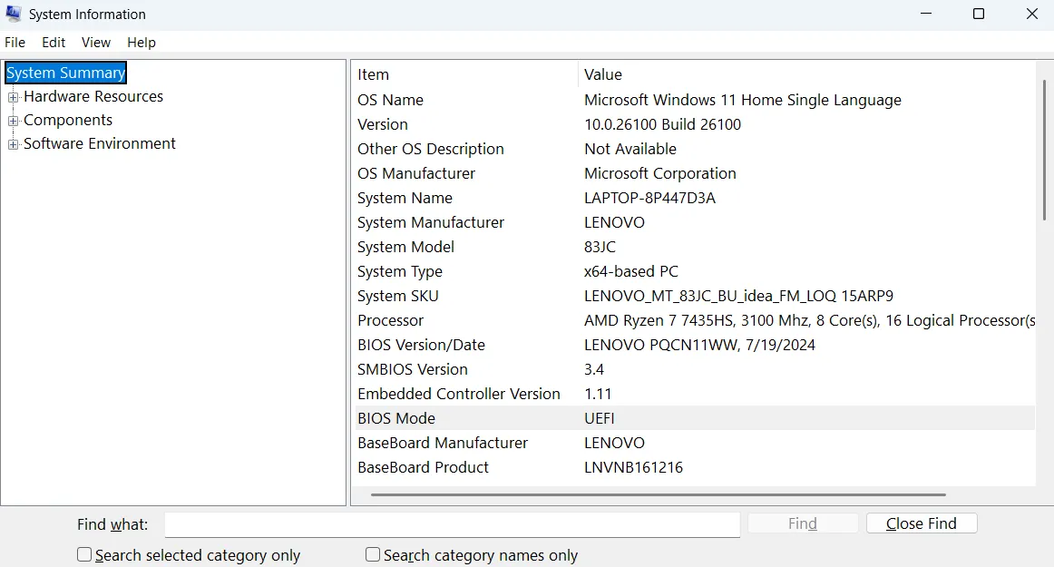 Công cụ Thông tin Hệ thống (msinfo32) trên Windows, hiển thị chi tiết phần cứng và phần mềm