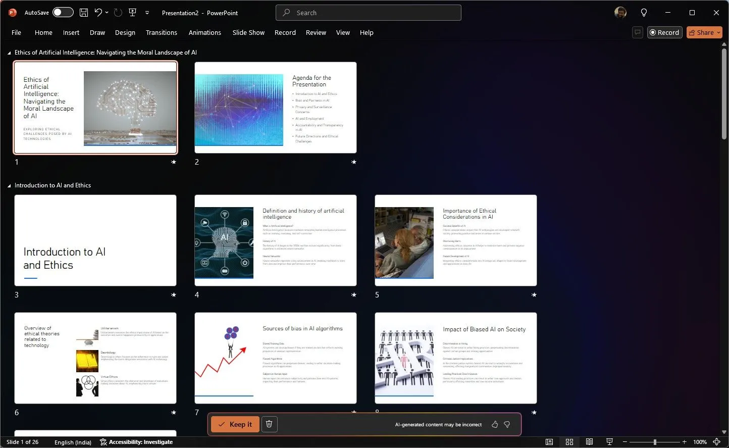 Copilot PowerPoint tự động tạo nội dung và bố cục slide với văn bản và hình ảnh liên quan sau khi nhận prompt từ người dùng