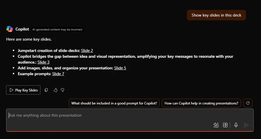 Copilot trong PowerPoint phân tích dữ liệu và biểu đồ để rút ra những thông tin chuyên sâu và xu hướng ẩn từ bài thuyết trình