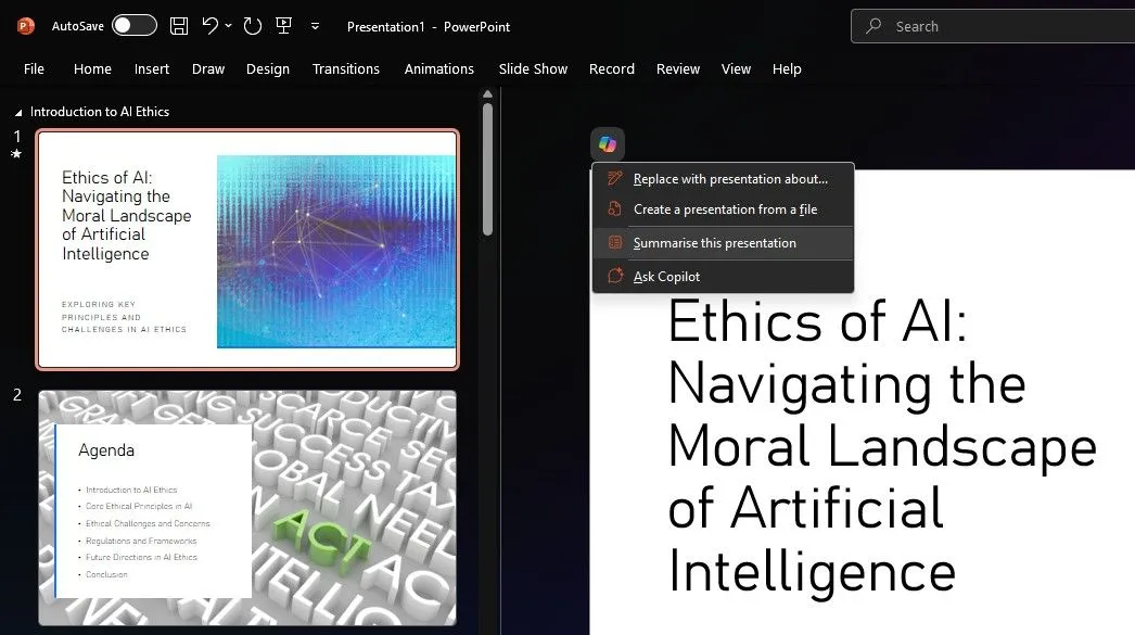 Copilot trong PowerPoint tóm tắt nội dung chính của một bài thuyết trình dài, giúp người dùng nắm bắt thông tin nhanh chóng