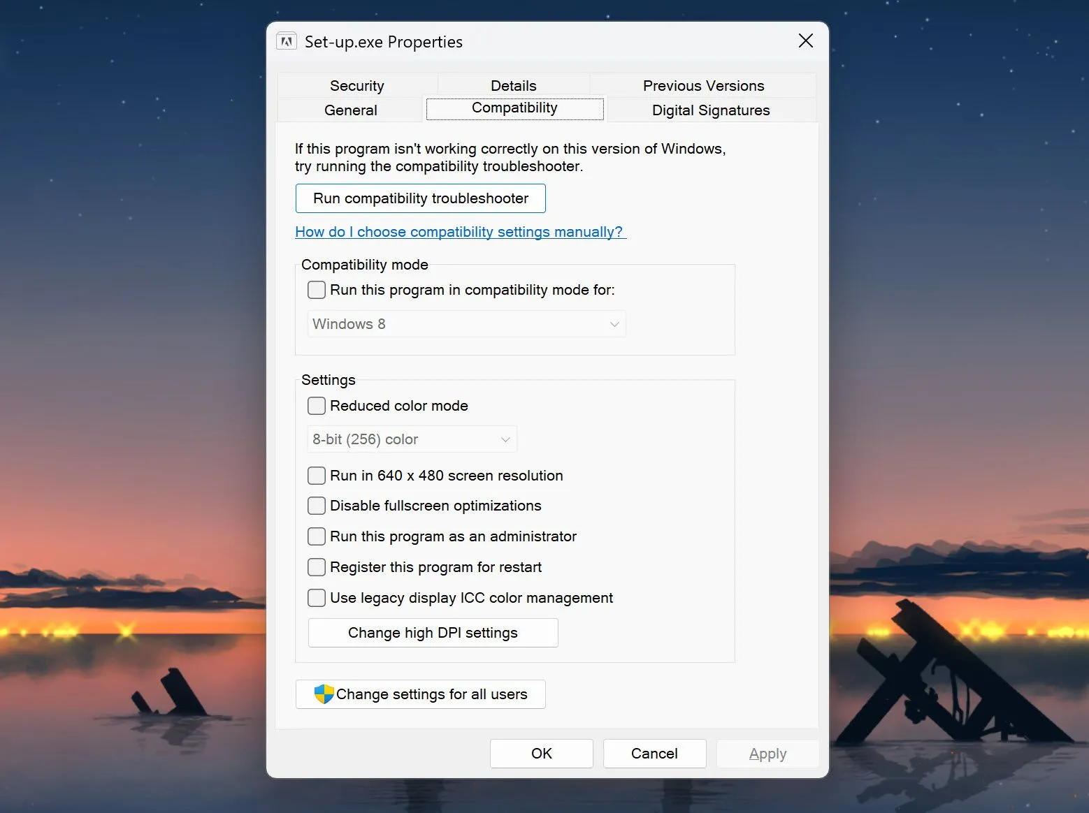 Cửa sổ cài đặt Chế độ Tương thích trên Windows 11 hiển thị các tùy chọn cấu hình nâng cao.