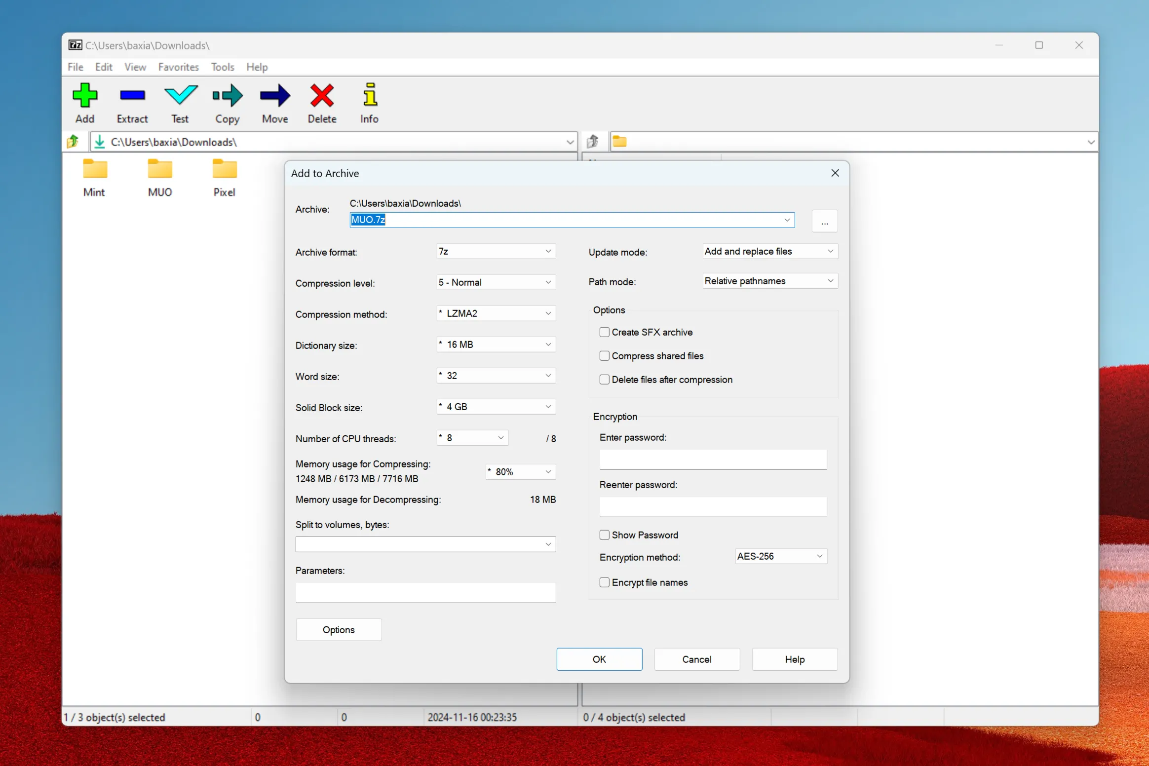 Cửa sổ cài đặt khi tạo file nén với 7-Zip, bao gồm tùy chọn định dạng, cấp độ nén và mã hóa.