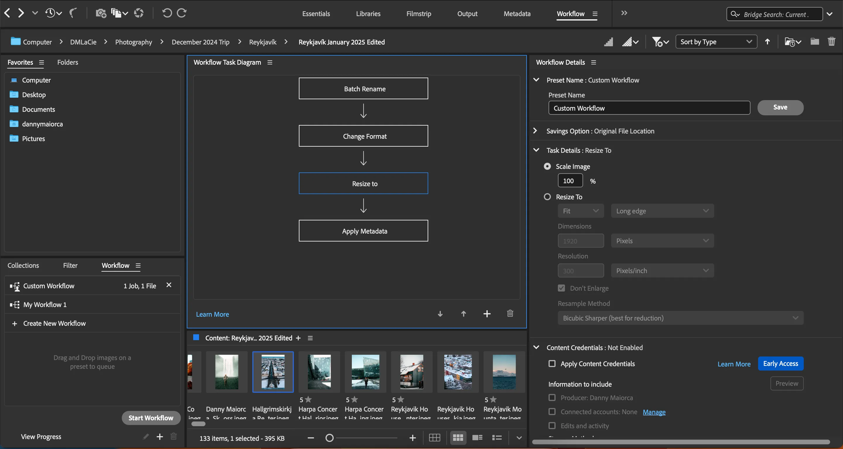 Cửa sổ điều chỉnh kích thước ảnh trong Adobe Bridge, một phần của quy trình làm việc tùy chỉnh