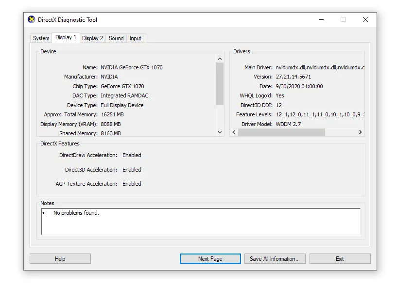 Cửa sổ DirectX Diagnostic Tool hiển thị thông tin card đồ họa (GPU)