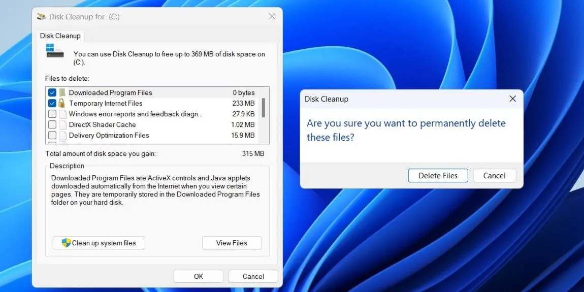 Cửa sổ Disk Cleanup trên Windows hiển thị xác nhận xóa các tập tin