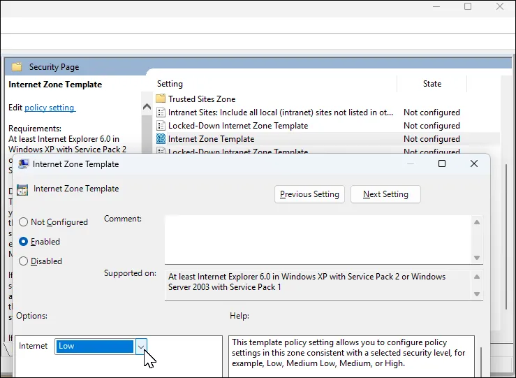 Cửa sổ Group Policy Editor hiển thị cấu hình chính sách Internet Zone Template, với tùy chọn Enabled và mức bảo mật Low được chọn.