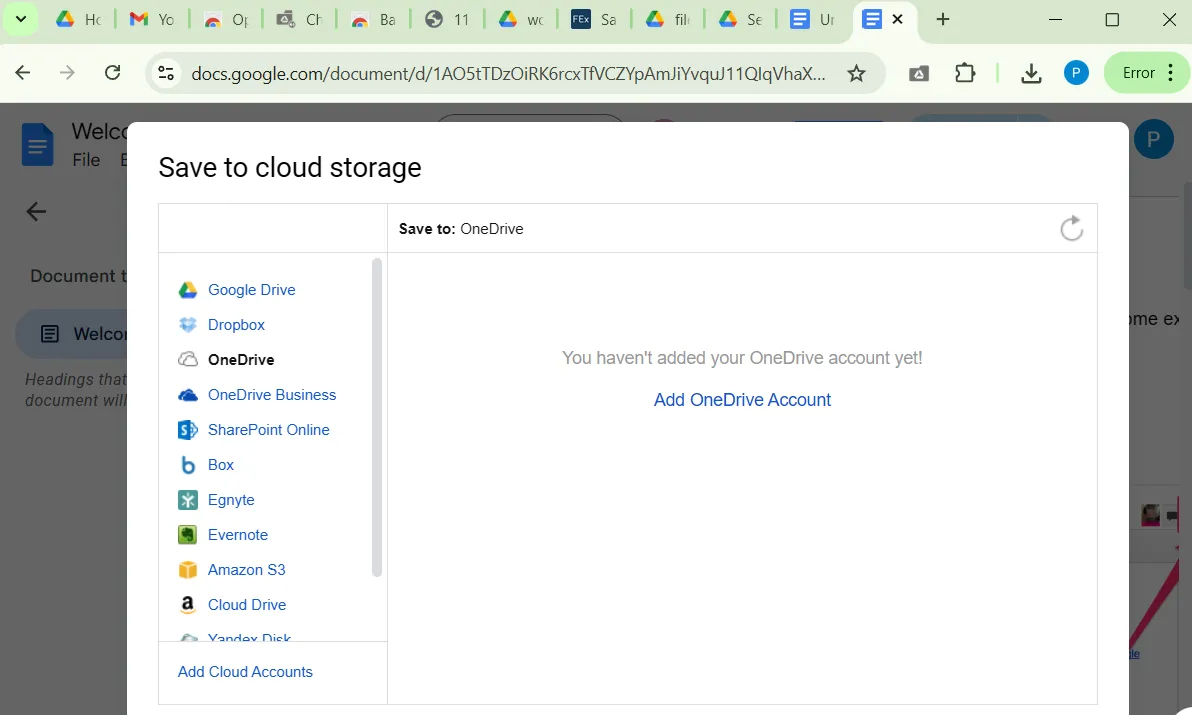 Cửa sổ lưu trữ đám mây của tiện ích Backup and Sync trong trình duyệt Chrome