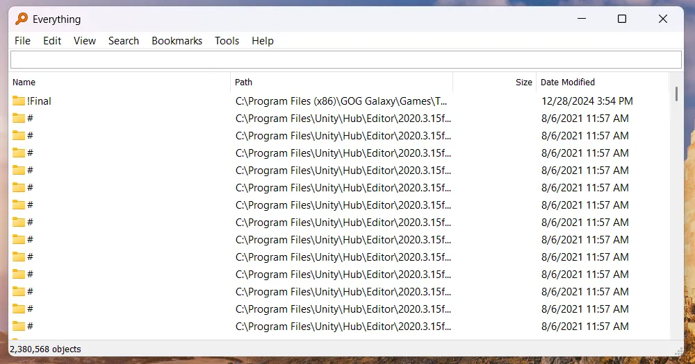 Cửa sổ tìm kiếm của ứng dụng Everything trên Windows, cho phép tìm kiếm file và thư mục siêu tốc.