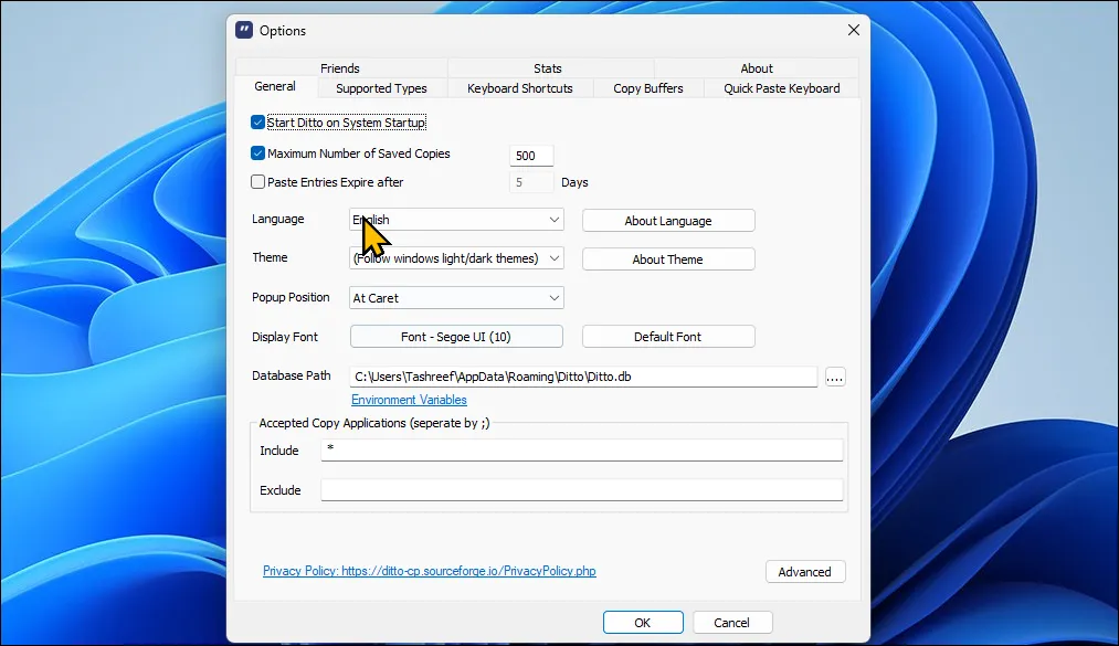 Cửa sổ tùy chọn của Ditto Clipboard Manager trên Windows 11 để quản lý lịch sử sao chép
