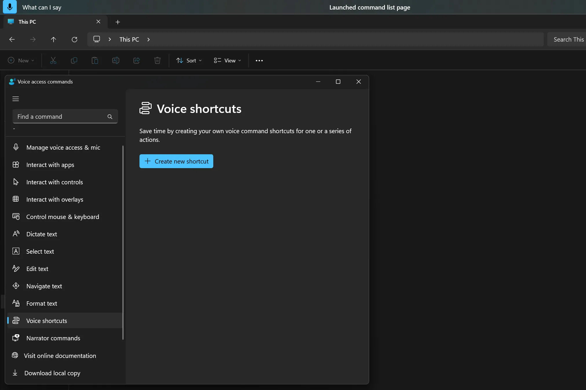 Cửa sổ &quot;Voice shortcuts&quot; trong Voice Access cho phép người dùng Windows 11 tạo và quản lý các lối tắt giọng nói tùy chỉnh.