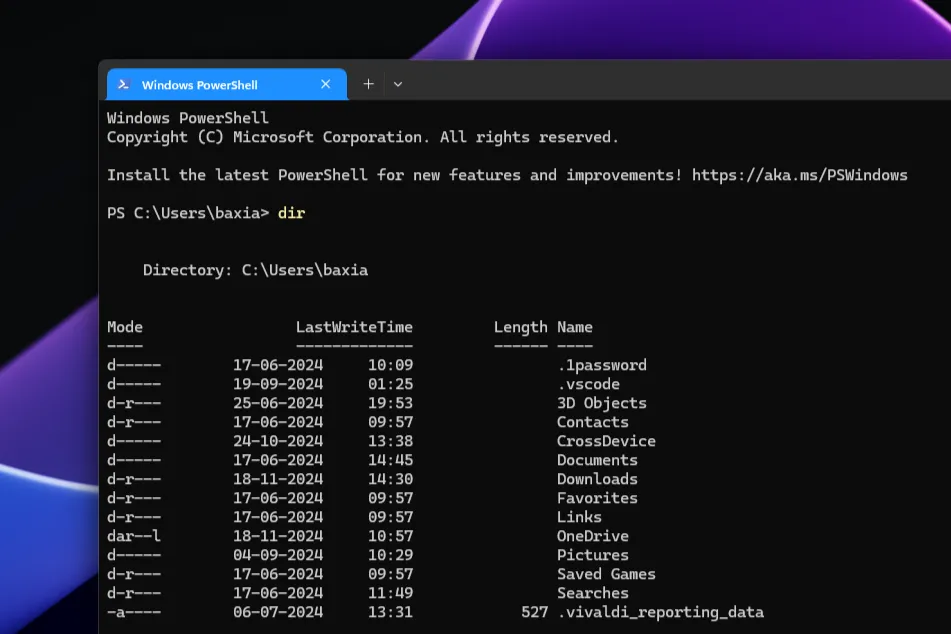 Cửa sổ Windows PowerShell đang mở trên máy tính chạy Windows 11, thể hiện môi trường dòng lệnh hiện đại