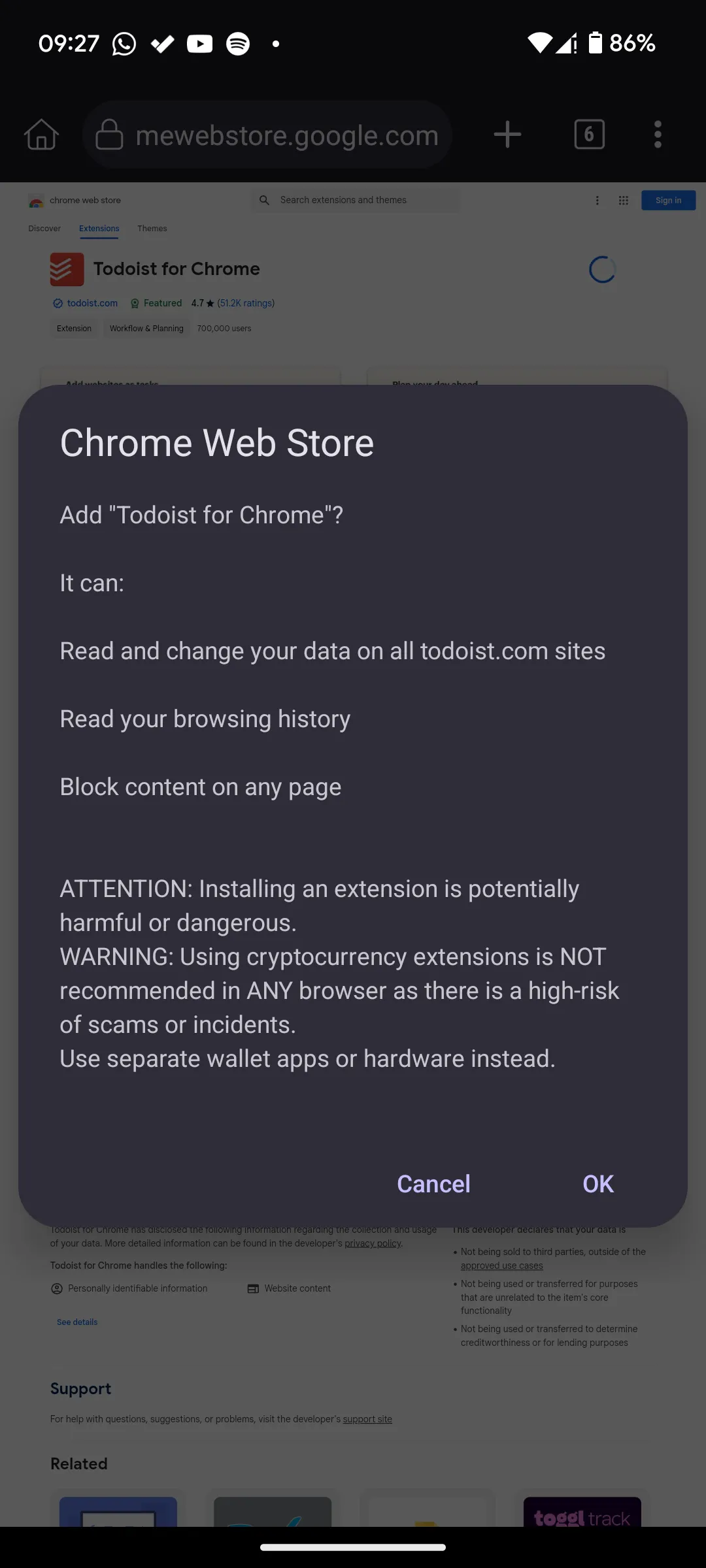Cửa sổ xác nhận cài đặt tiện ích Todoist từ Chrome Web Store vào trình duyệt Kiwi Browser trên điện thoại Android.