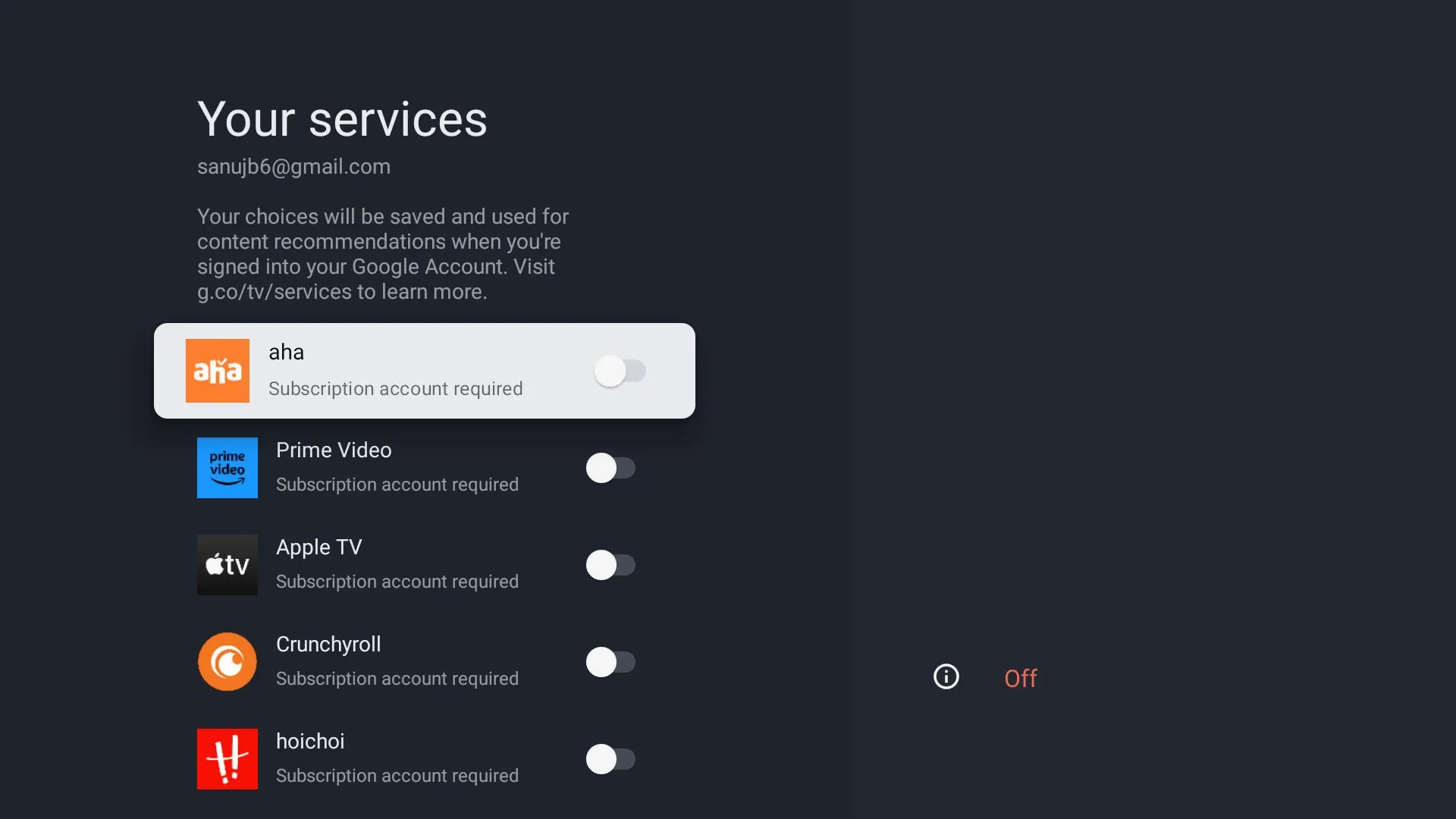 Danh sách các dịch vụ hiển thị trên màn hình chính Google TV