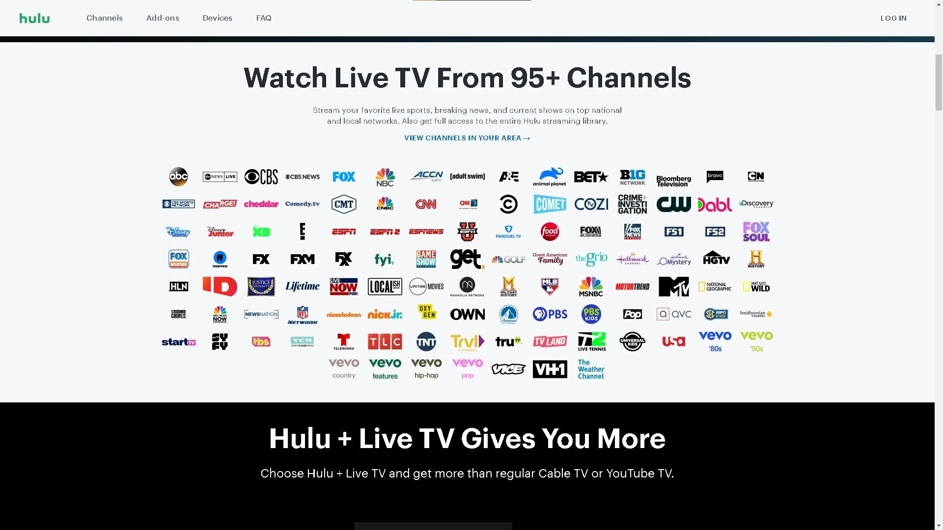 Danh sách các kênh truyền hình trực tiếp có sẵn trên dịch vụ Hulu + Live TV.