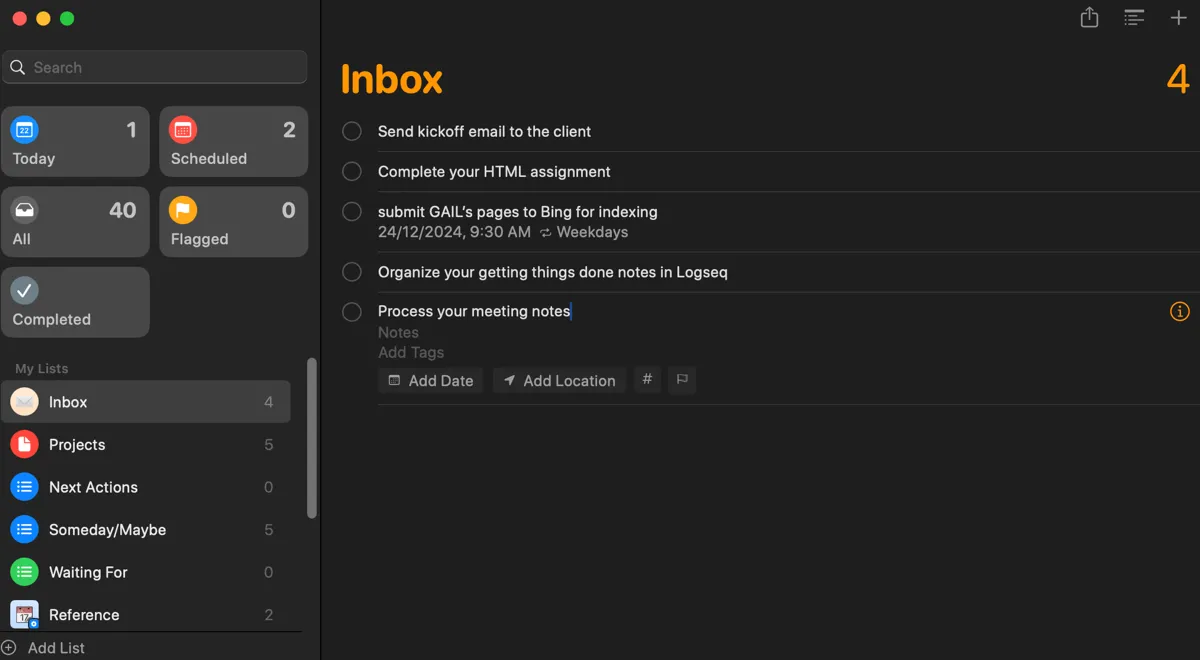 Danh sách các mục hành động trong ứng dụng Reminders của Apple