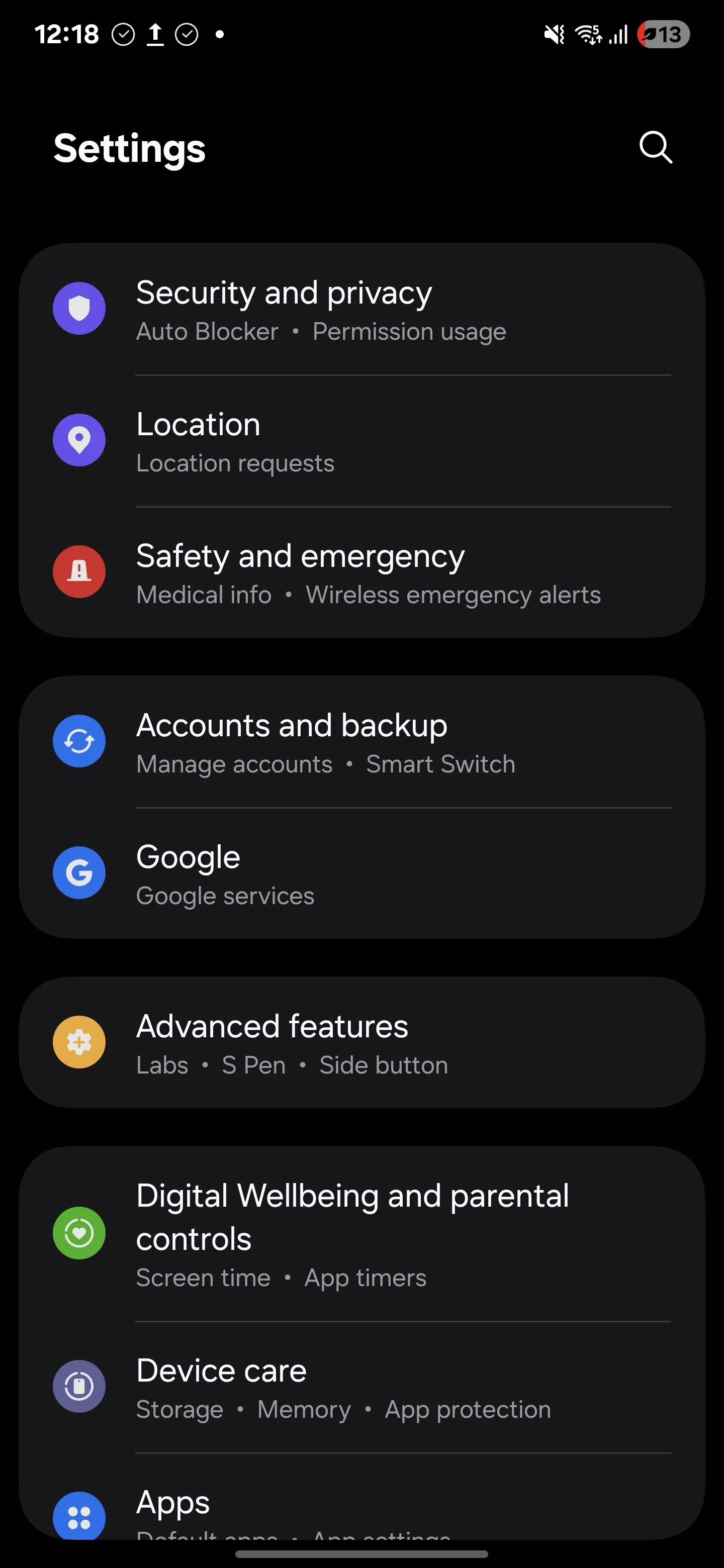 Danh sách các mục trong menu Cài đặt của Samsung