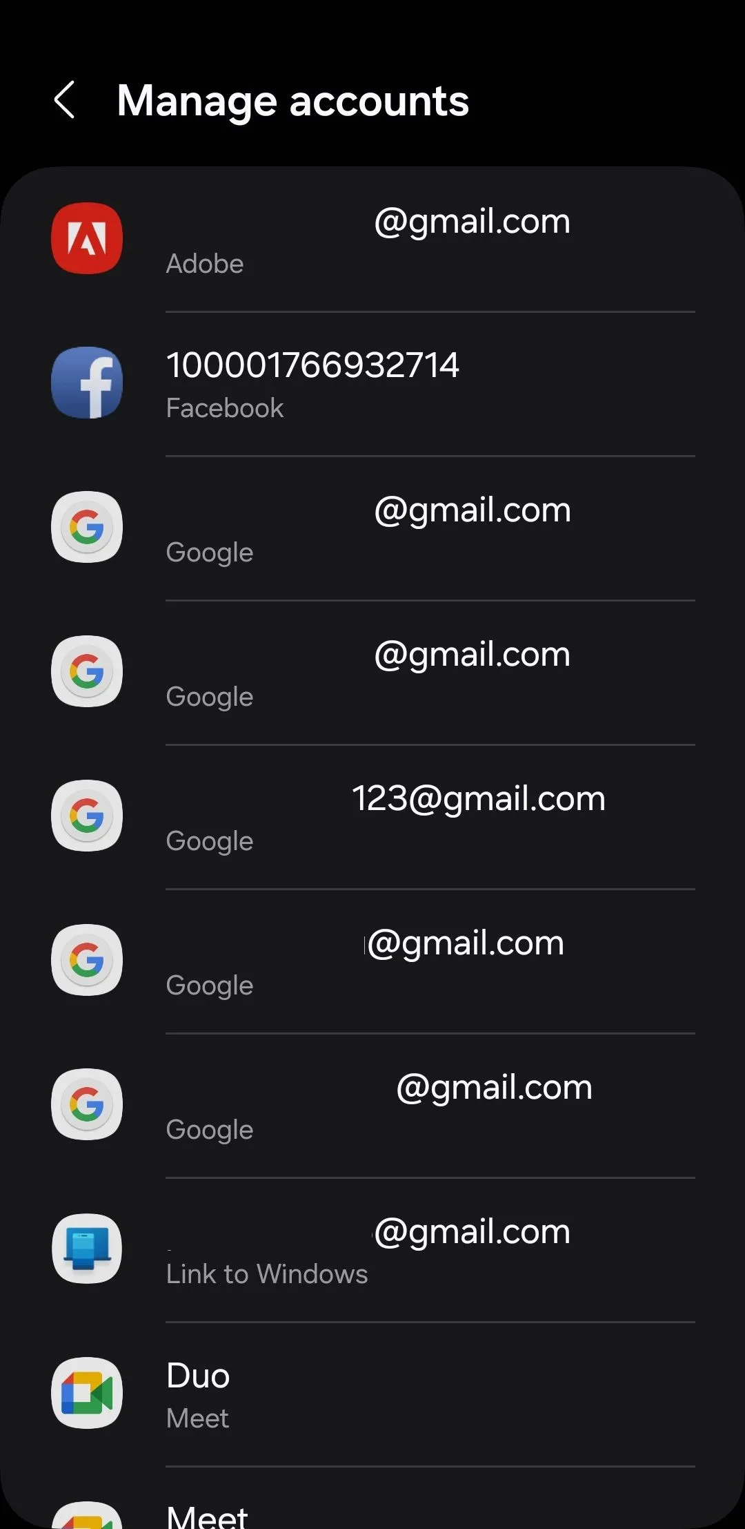 Danh sách các tài khoản đã thêm trên điện thoại Android