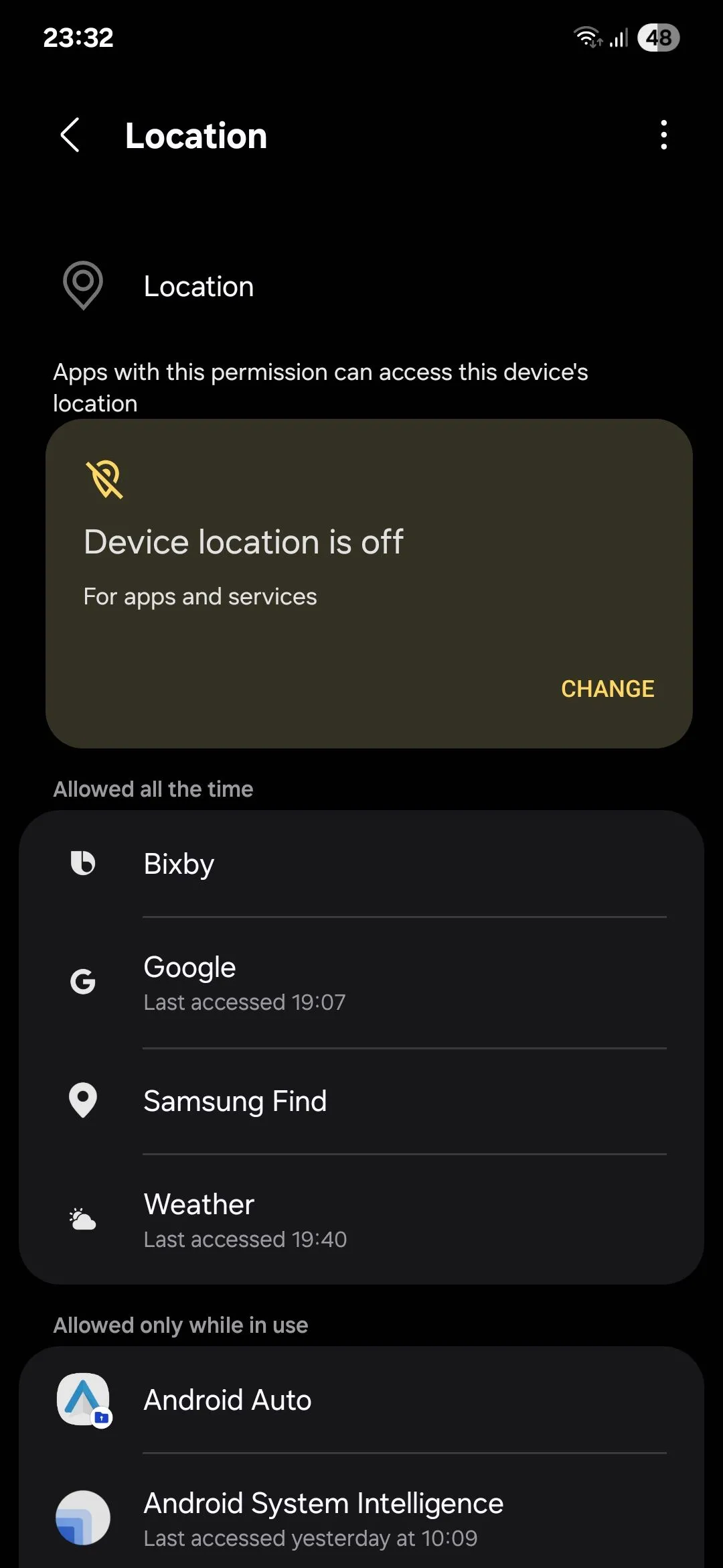 Danh sách các ứng dụng có quyền truy cập vị trí trên Samsung, hiển thị cài đặt vị trí chính xác