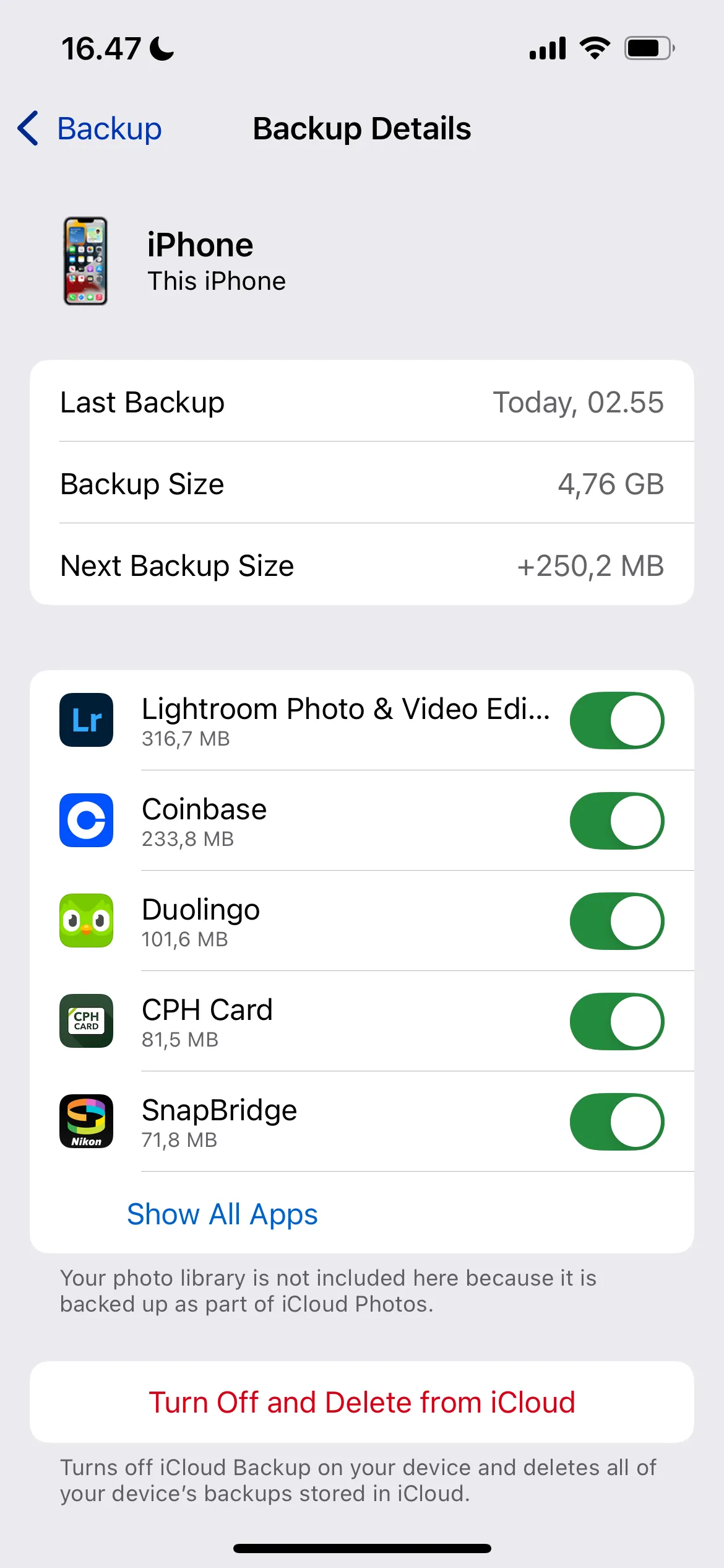 Danh sách các ứng dụng được sao lưu vào iCloud, chọn ứng dụng cần tắt