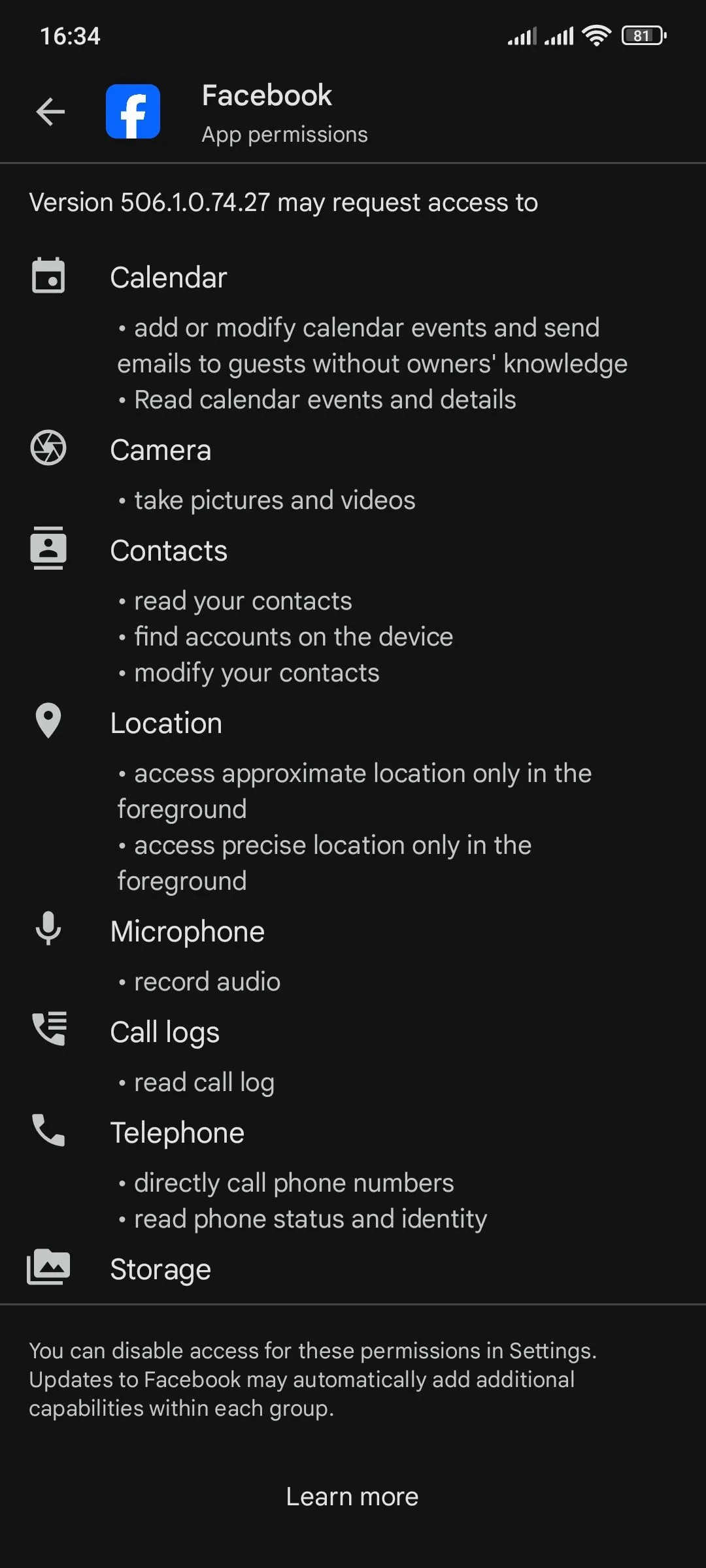 Danh sách quyền truy cập mà ứng dụng Facebook yêu cầu trên Google Play Store