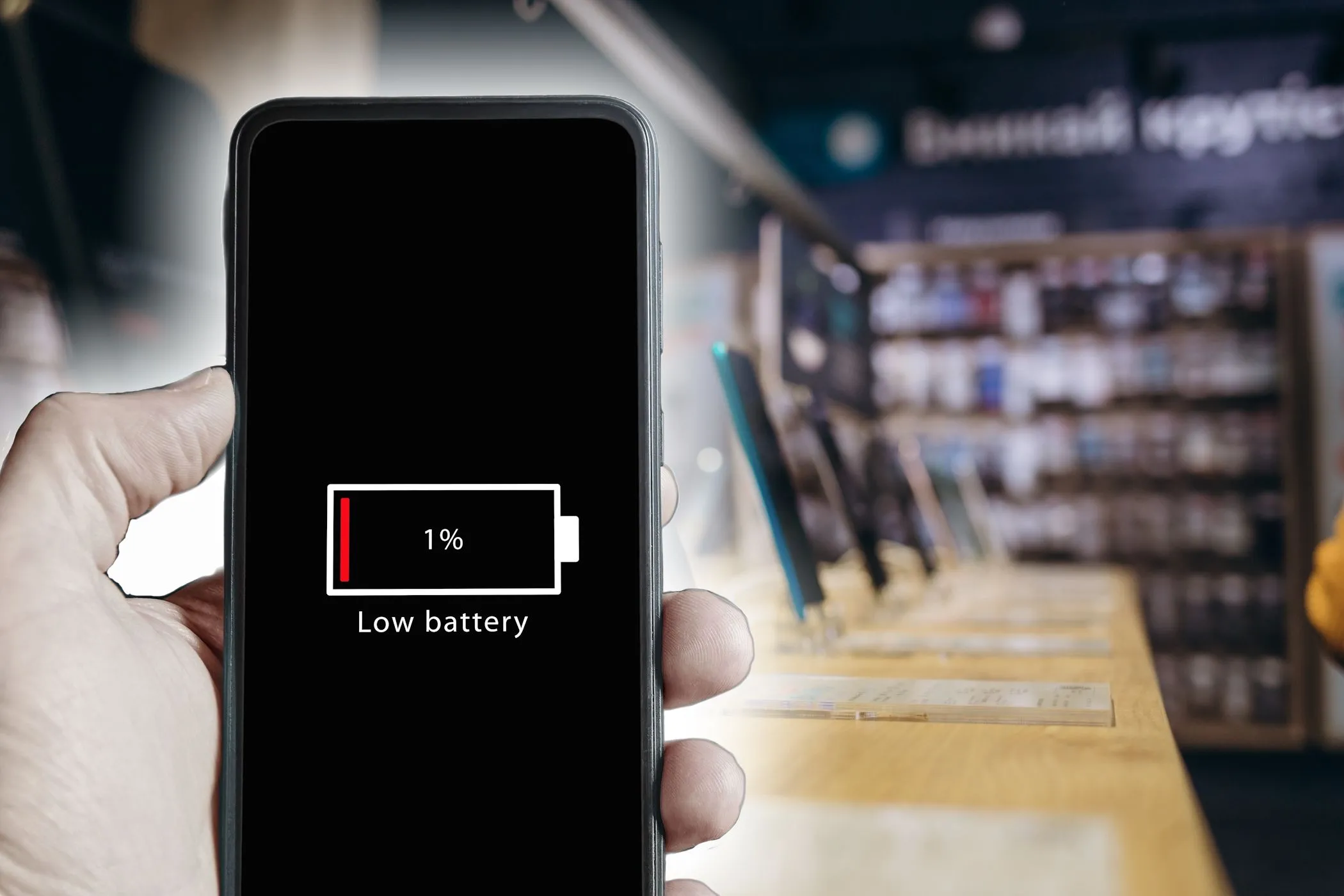 Điện thoại iPhone hiển thị thông báo pin yếu trong cửa hàng, minh họa nhu cầu sạc khẩn cấp của ốp lưng pin