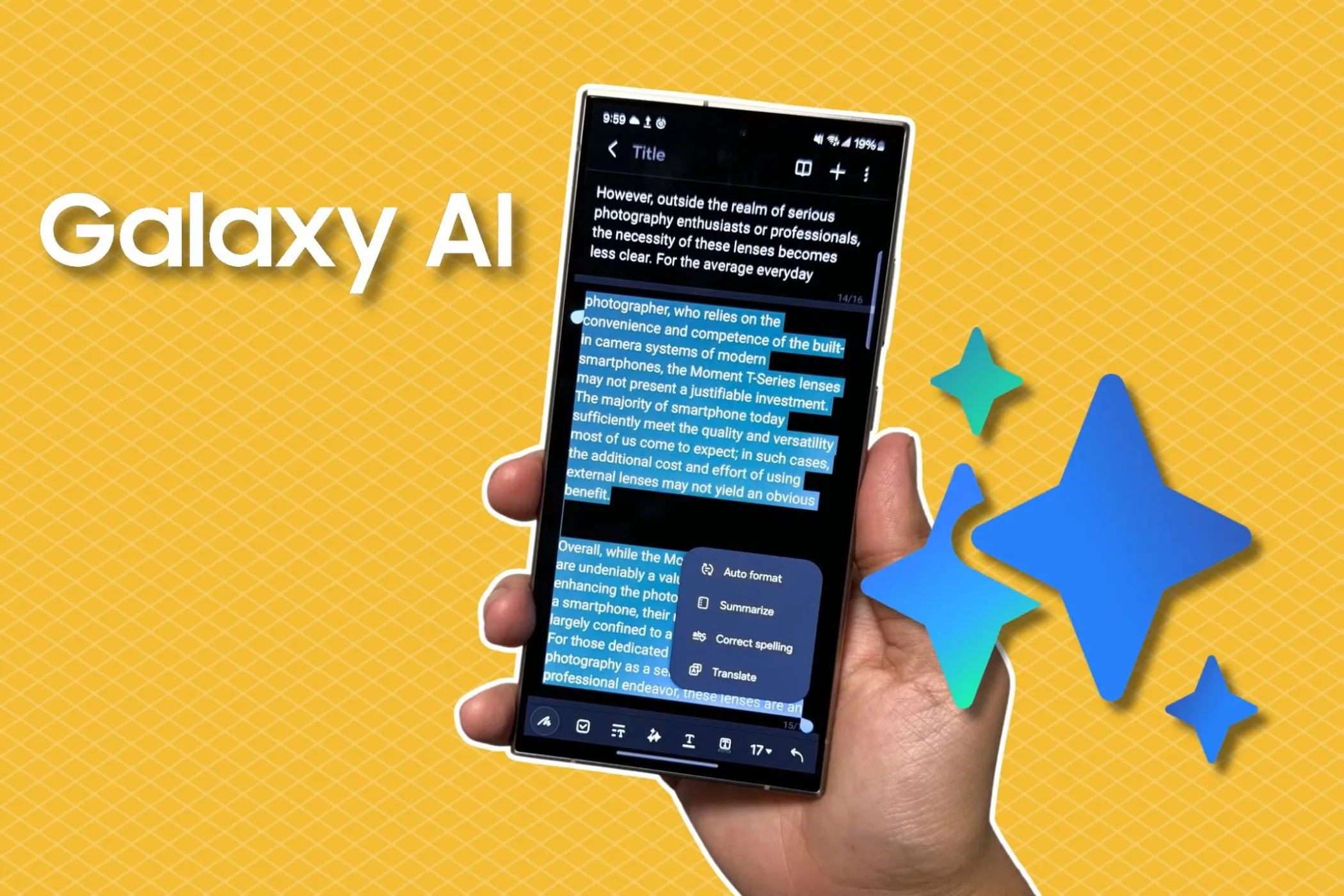Điện thoại Samsung Galaxy S24 Ultra hiển thị biểu tượng Galaxy AI với hiệu ứng màu vàng gradient