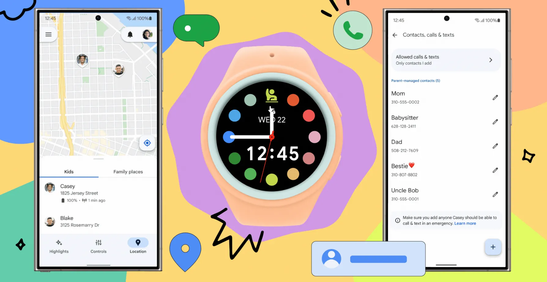 Đồng hồ Samsung Galaxy Watch và điện thoại Galaxy minh họa tính năng giám sát định vị và danh bạ cho trẻ em qua Family Link.