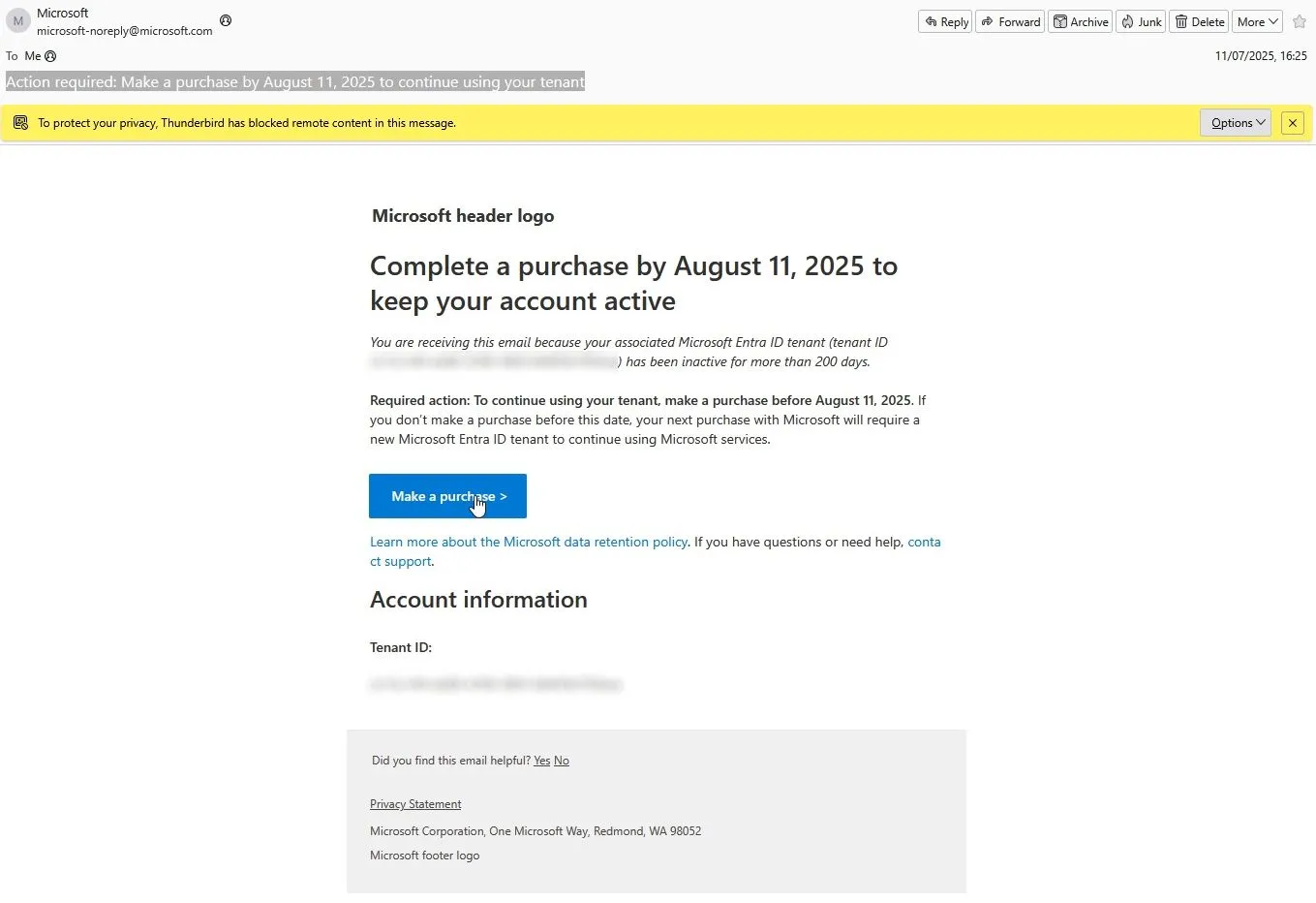 Email cảnh báo tài khoản Microsoft Entra ID từ Microsoft với nội dung yêu cầu mua hàng và ngày hiệu lực