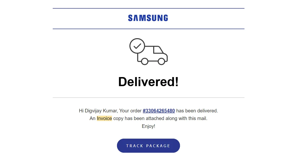 Email xác nhận đơn hàng Samsung với thông tin IMEI và hóa đơn mua hàng
