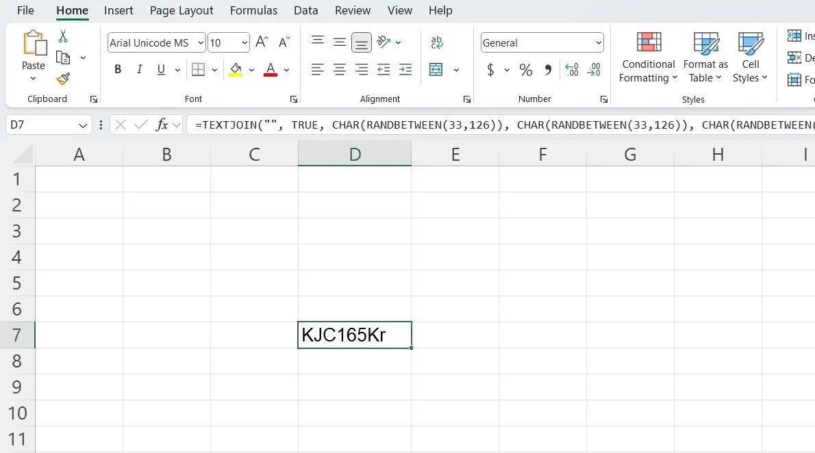 Excel hiển thị mật khẩu ngẫu nhiên được tạo bằng công thức