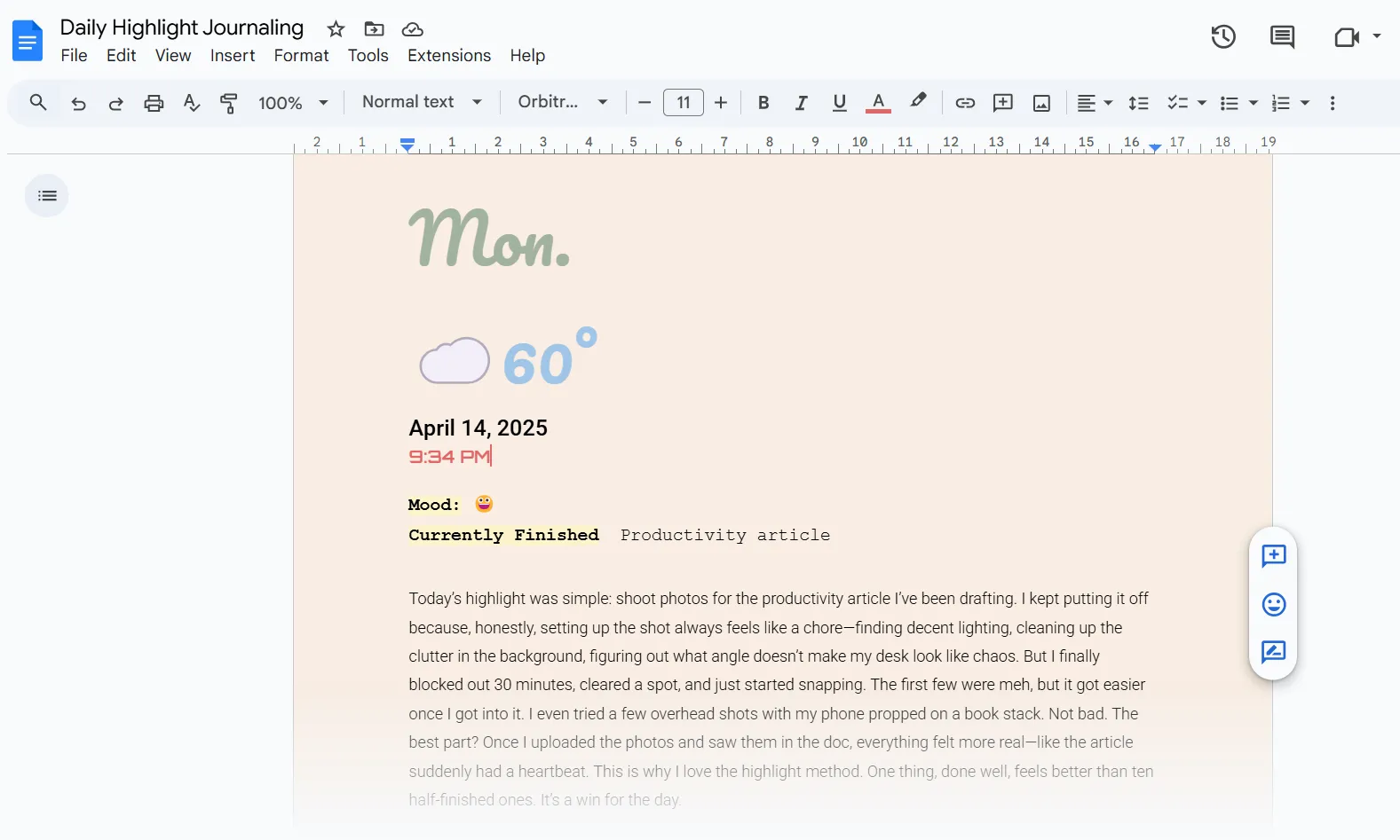 Ghi nhật ký tiến độ Daily Highlight trong Google Docs