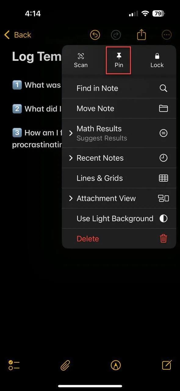 Ghim mẫu ghi chú nhật ký trì hoãn trong ứng dụng Apple Notes trên iPhone để truy cập nhanh