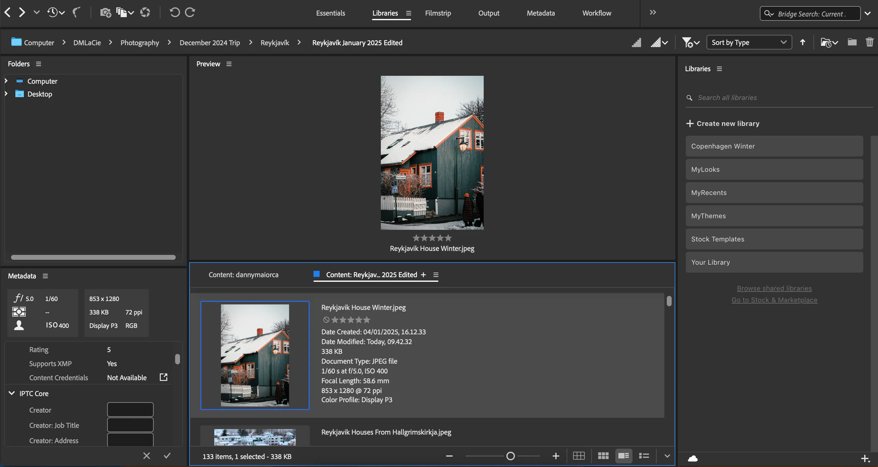 Giao diện Adobe Bridge cho phép tùy chỉnh kích thước hình thu nhỏ của ảnh để quản lý và xem trước dễ dàng