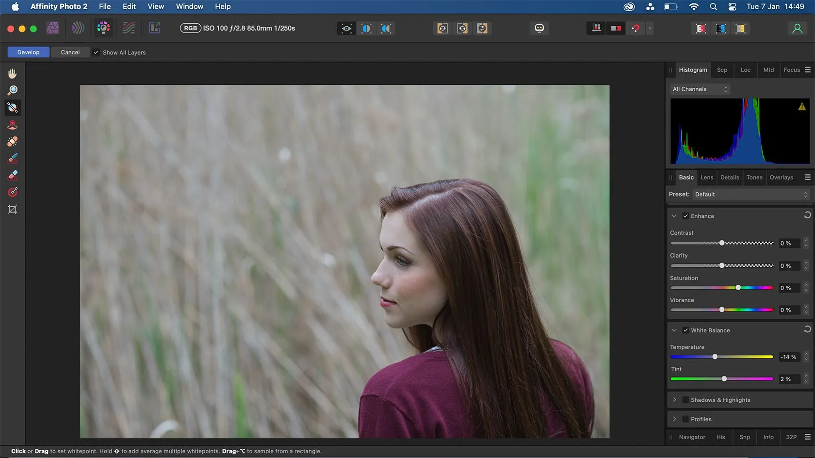 Giao diện Affinity Photo khi chỉnh sửa ảnh RAW trong Develop Persona