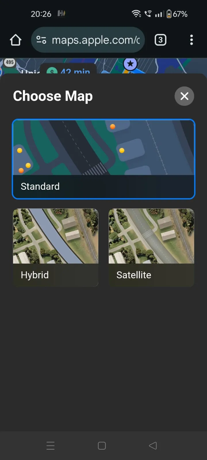 Giao diện Apple Maps trên trình duyệt với các tùy chọn chế độ xem vệ tinh và kết hợp