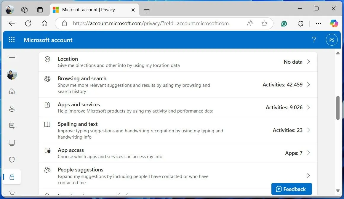 Giao diện Bảng điều khiển Quyền riêng tư Microsoft trên trình duyệt web