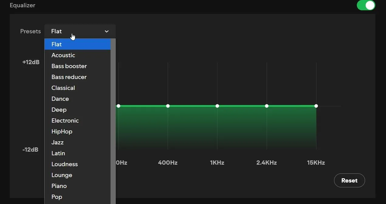 Giao diện bộ cân bằng âm thanh Equalizer của Spotify trên điện thoại di động