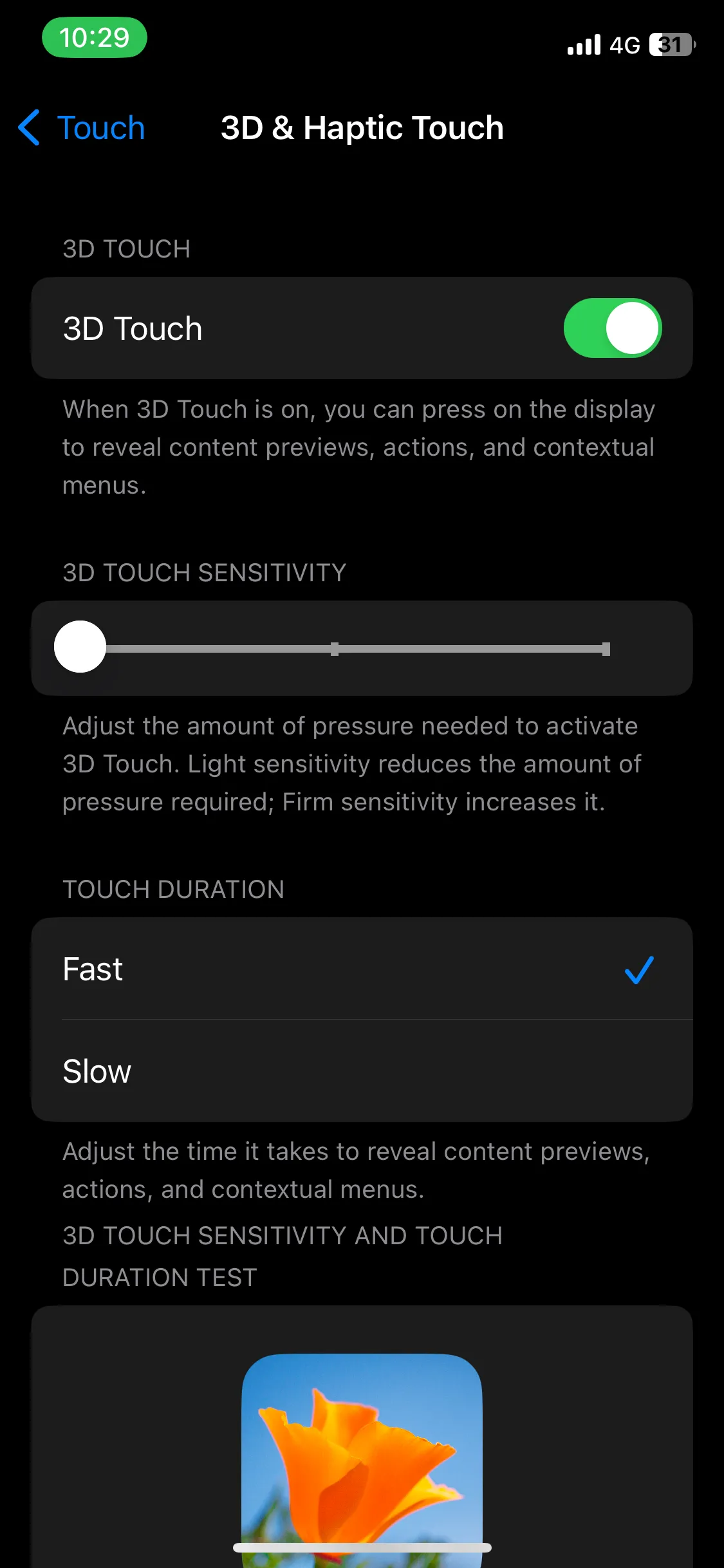 Giao diện cài đặt 3D &amp; Haptic Touch trong ứng dụng Cài đặt iOS, cho phép chọn thời lượng chạm (Touch Duration) Nhanh