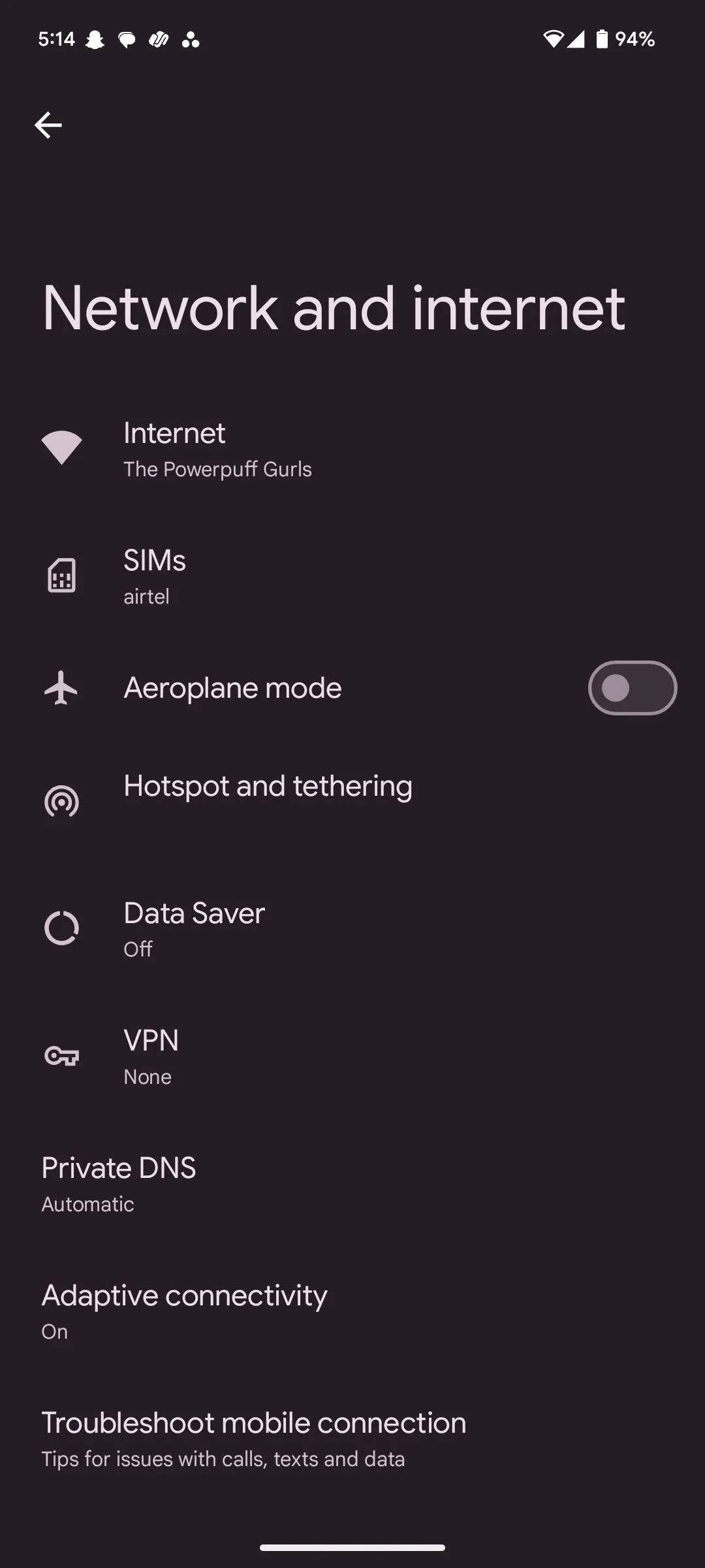 Giao diện cài đặt Android hiển thị tùy chọn Mạng và internet