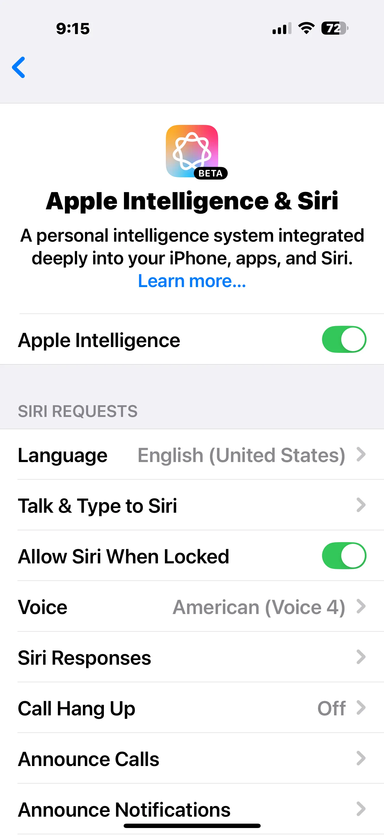 Giao diện cài đặt Apple Intelligence và Siri trên iPhone, nơi người dùng có thể vô hiệu hóa các tính năng AI