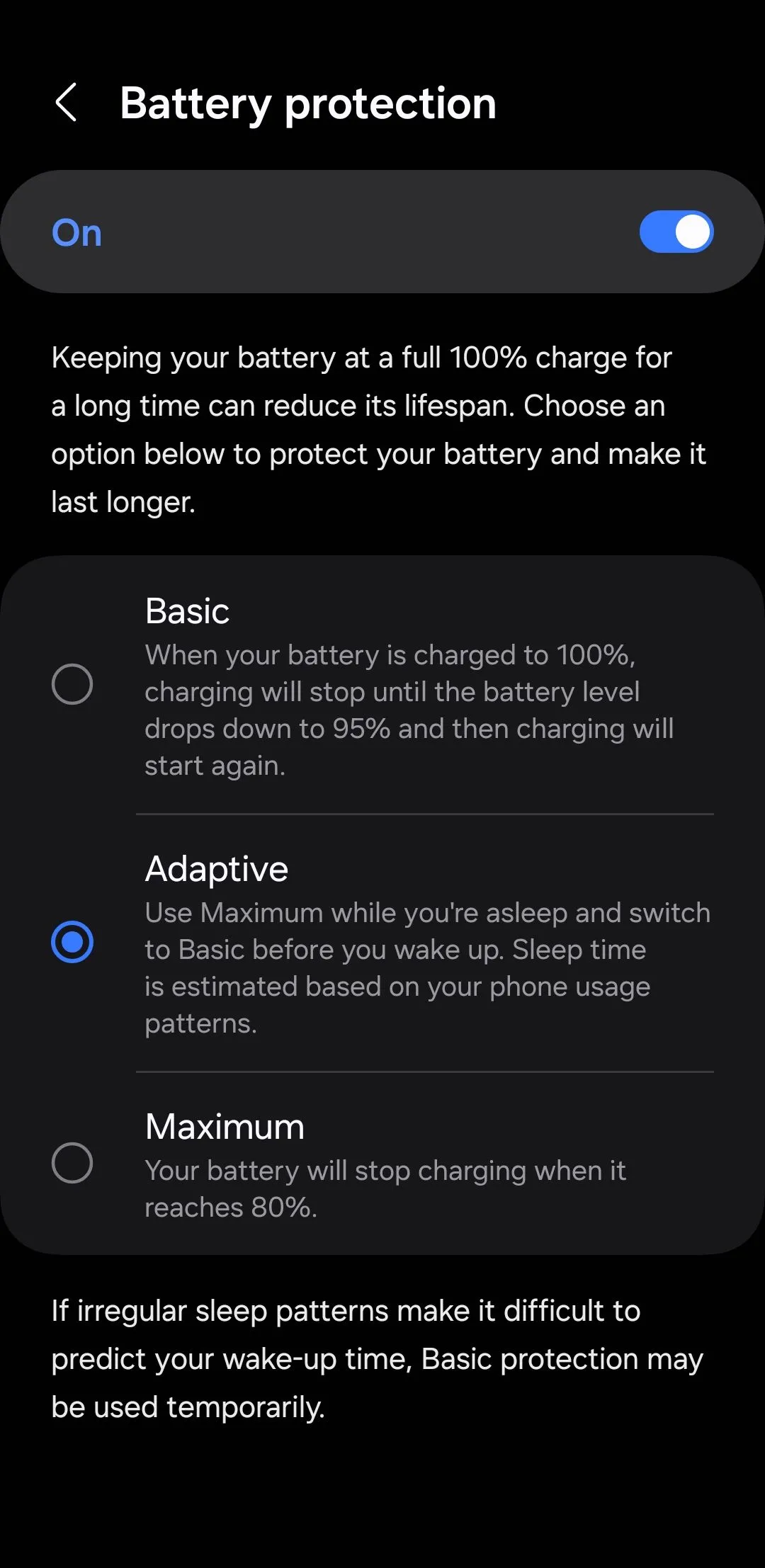 Giao diện cài đặt bảo vệ pin trên thiết bị Android