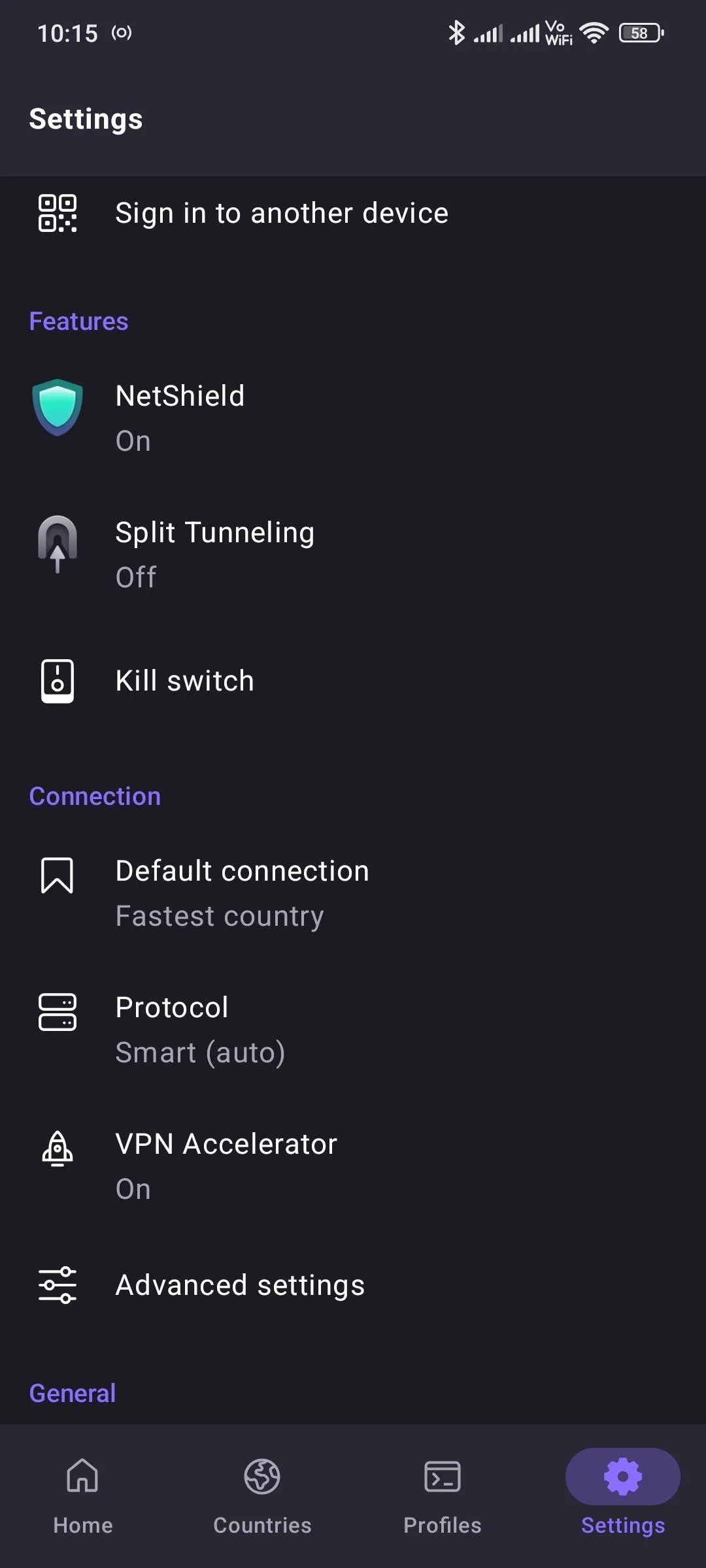 Giao diện cài đặt của ứng dụng Proton VPN trên thiết bị di động.