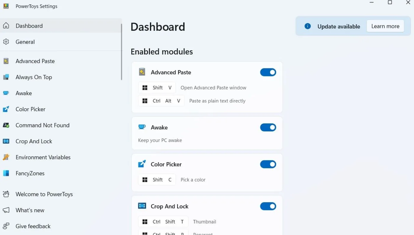 Giao diện cài đặt Microsoft PowerToys trên Windows với danh sách các tiện ích