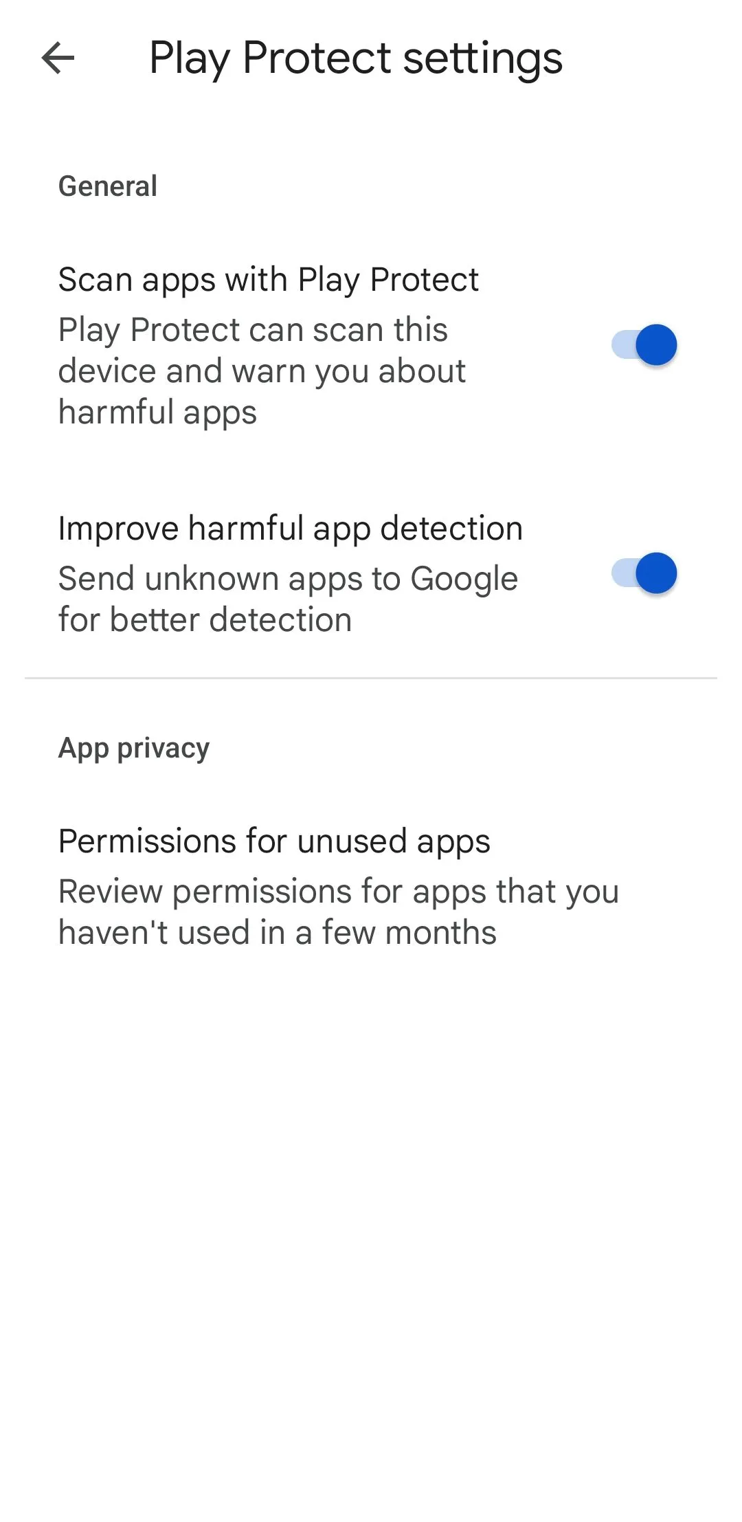 Giao diện cài đặt Play Protect trong Google Play Store hiển thị tùy chọn quét ứng dụng và quản lý quyền.