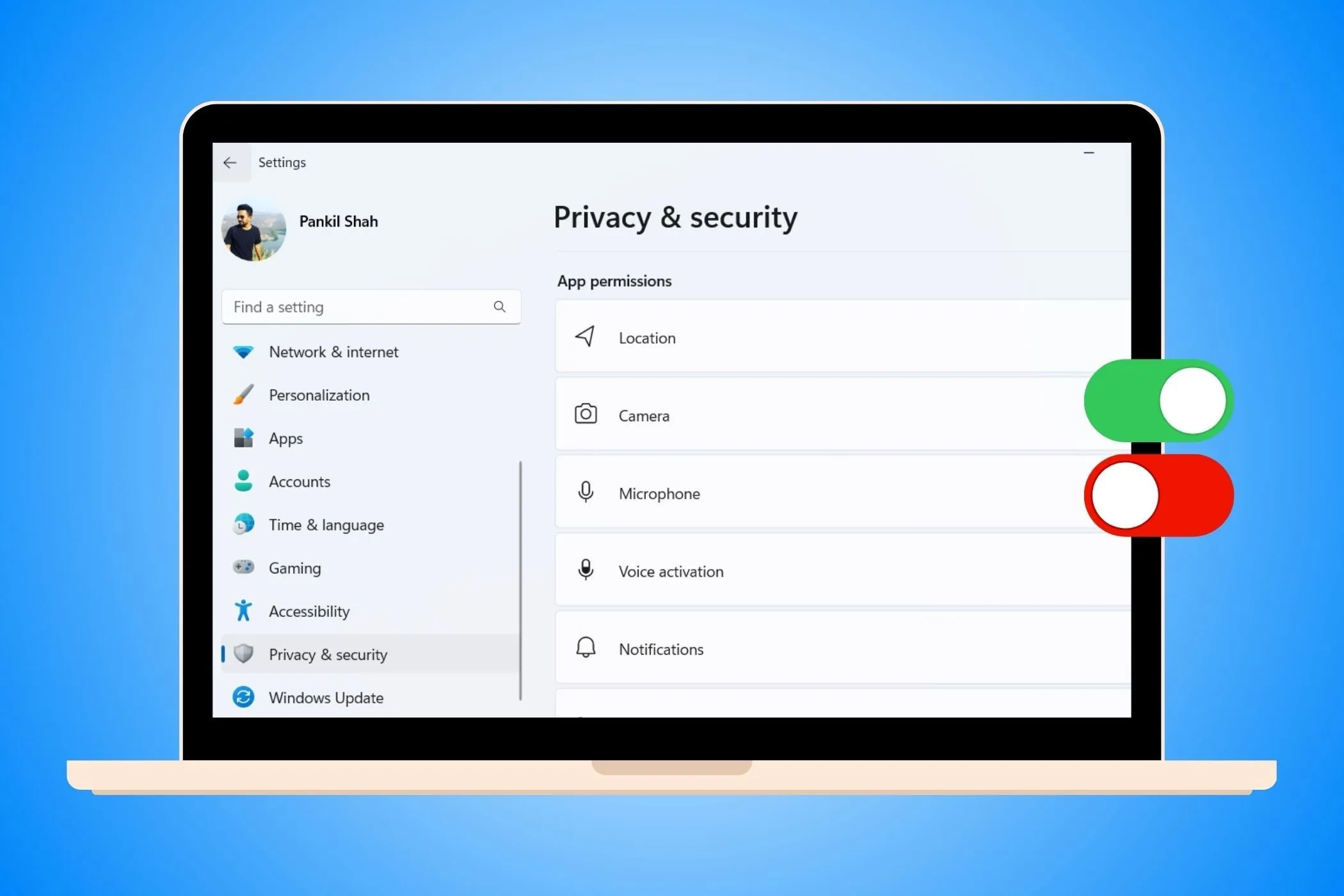 Giao diện cài đặt quyền riêng tư và bảo mật trong ứng dụng Cài đặt của Windows, với các tùy chọn bật tắt