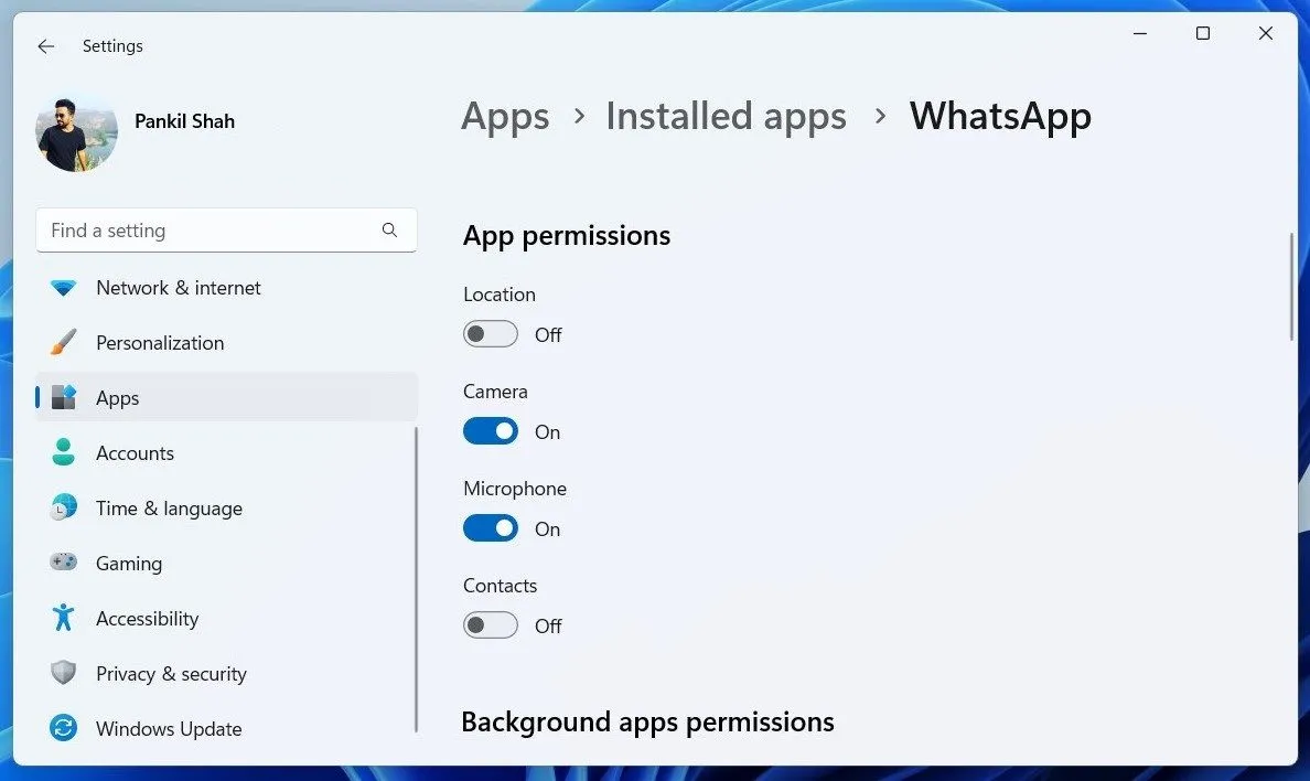 Giao diện cài đặt quyền ứng dụng cho WhatsApp trong Windows 11