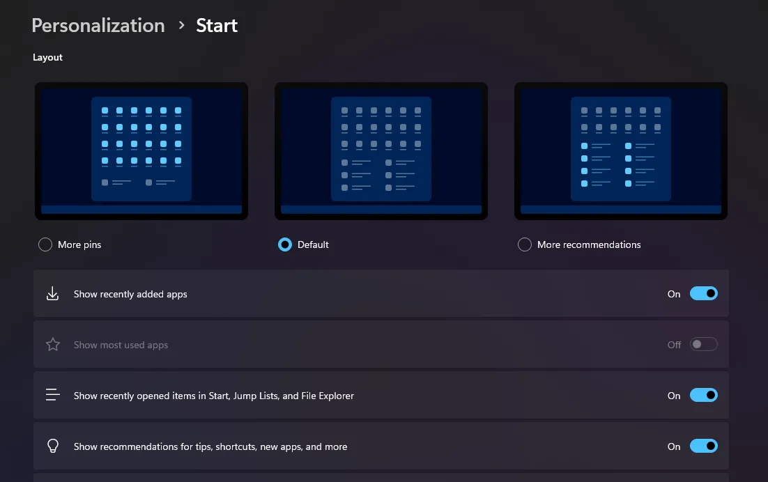 Giao diện cài đặt Start Menu trong Windows 11 với các tùy chọn để tắt gợi ý ứng dụng và quản lý mục đề xuất