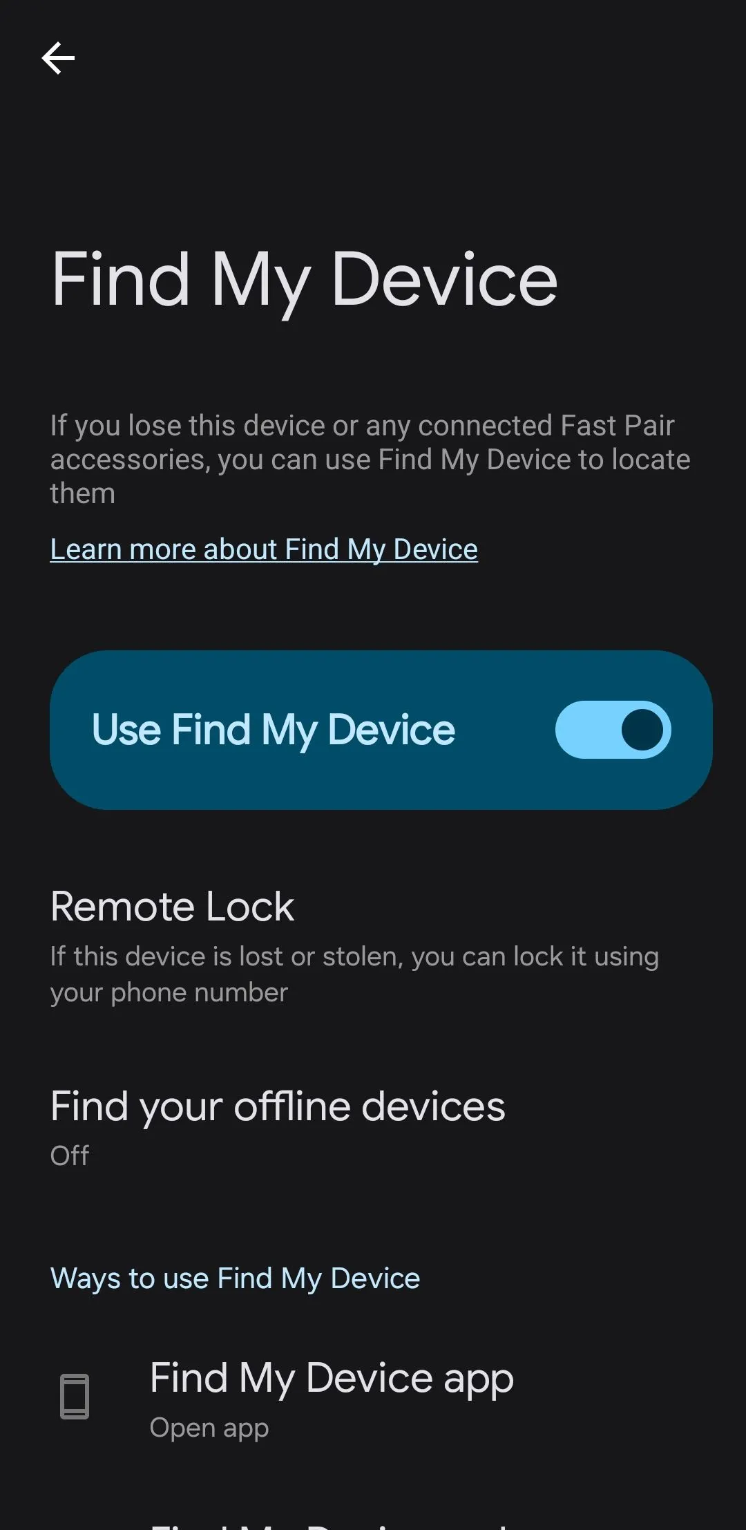Giao diện cài đặt tính năng Tìm thiết bị của tôi (Find My Device) trên điện thoại Android, hiển thị các tùy chọn bật/tắt định vị và khóa từ xa.