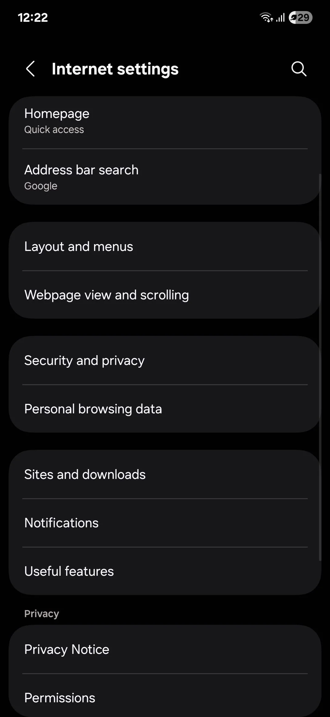Giao diện cài đặt trình duyệt Samsung Internet với nhiều tùy chọn cá nhân hóa