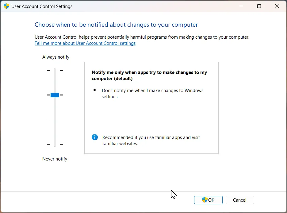 Giao diện cài đặt User Account Control (UAC) trên Windows 11 với thanh trượt tùy chỉnh các mức độ thông báo bảo mật.